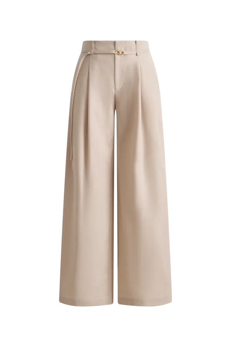 Halley Tie Waist Wide Leg Suit Pants in Wrinkle Resistant Suiting Fabric