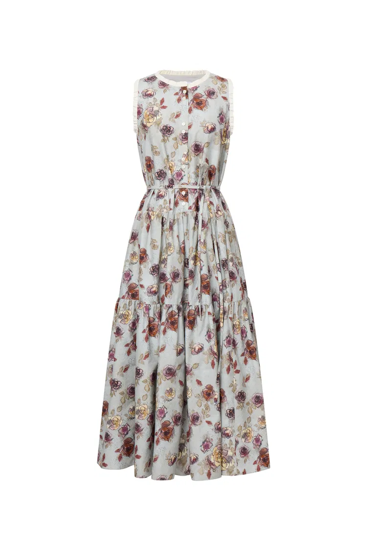 Sabrina Ruffle Hand Painted Flora Print Dress in Silk Cotton