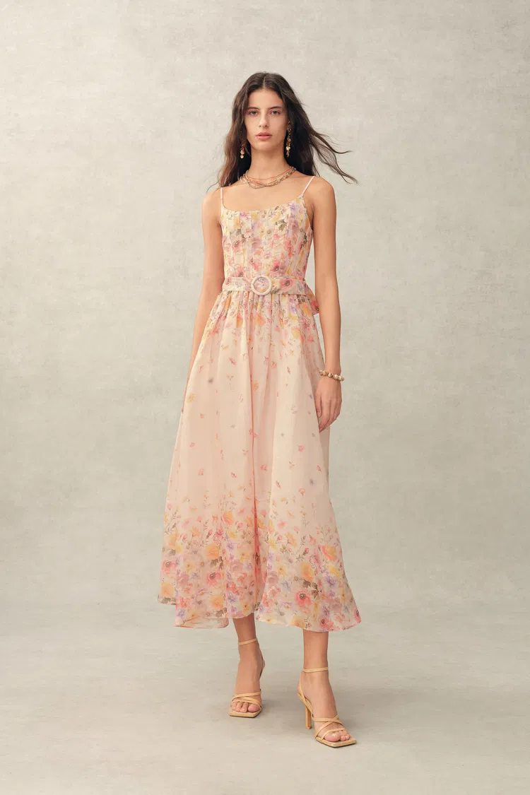 Lilac Handpainted Floral Smocked Belted Strap Dress in Silk Linen Organza