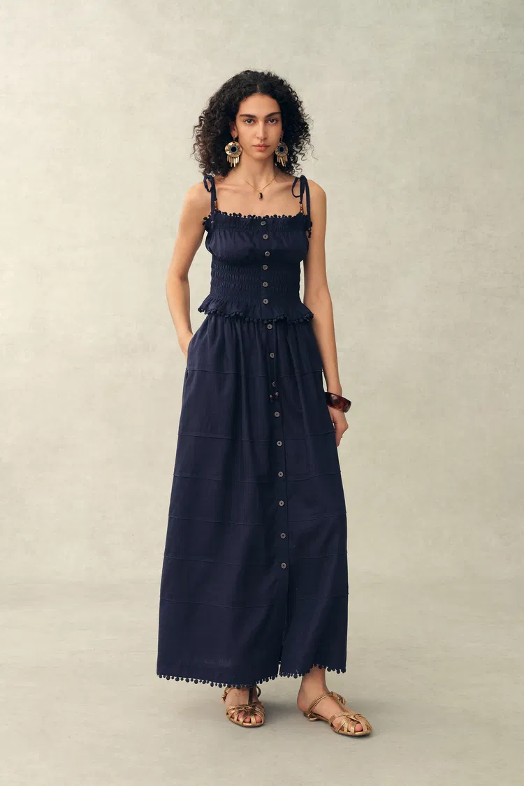 Siena Smocked Tie Front Bandeau Top and Maxi Skirt Set in Linen Blend