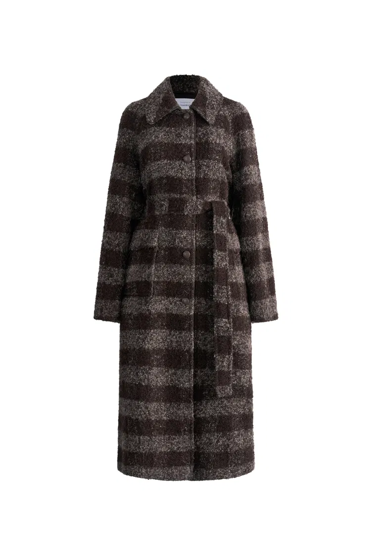 Camila Leatehr Accent Checkered Coat in Bouclé Wool