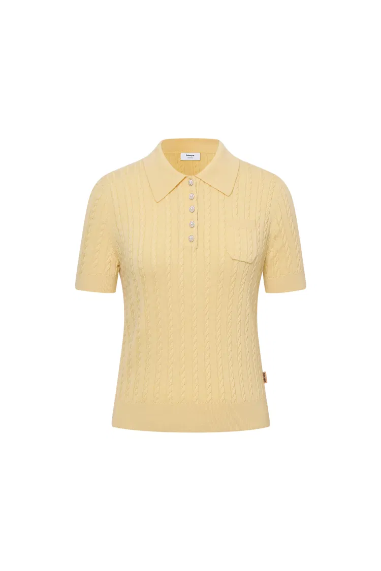 Gracia Yellow Polo Top in High Stretch Cable Knit