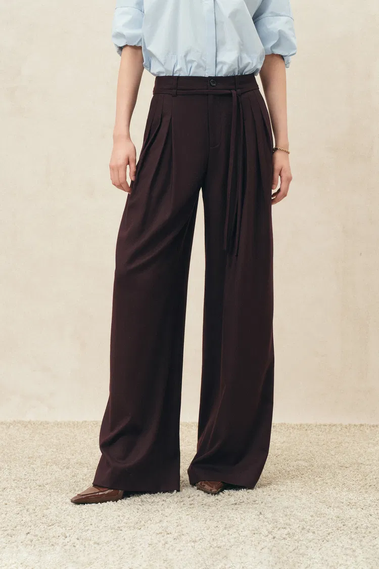 Barry Burgundy Belted Wide Leg Pants in Wool Blend