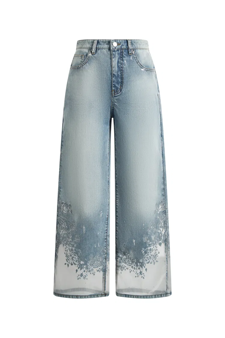Ariel Transparent Burnout Straight Cropped Jeans in Composite Burnout Denim