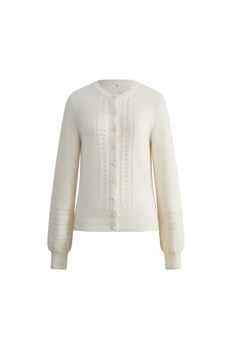 Elodie Floral Wheat Ear Cutwork Cardigan in Wool-Cashmere Rib Knit