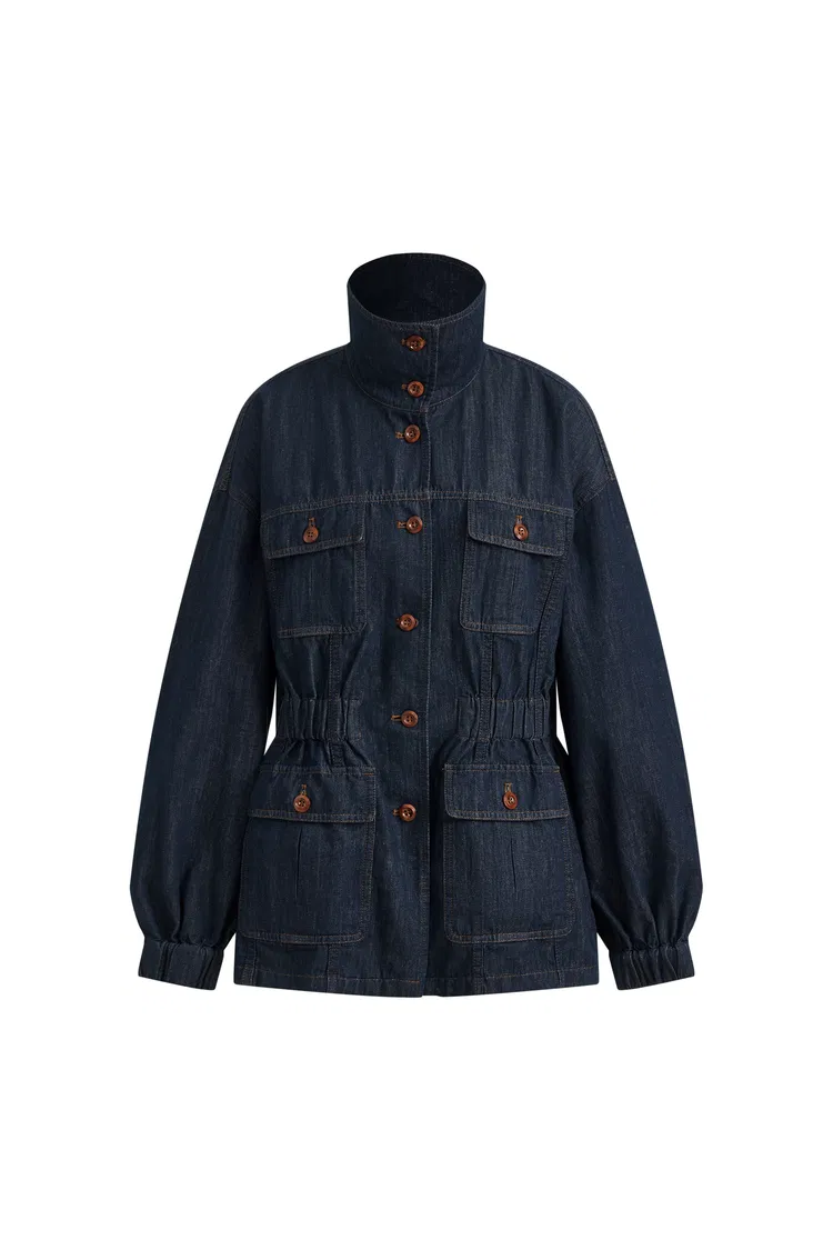Solene Utility Style Fitted Denim Jacket in Hemp-Blend Denim