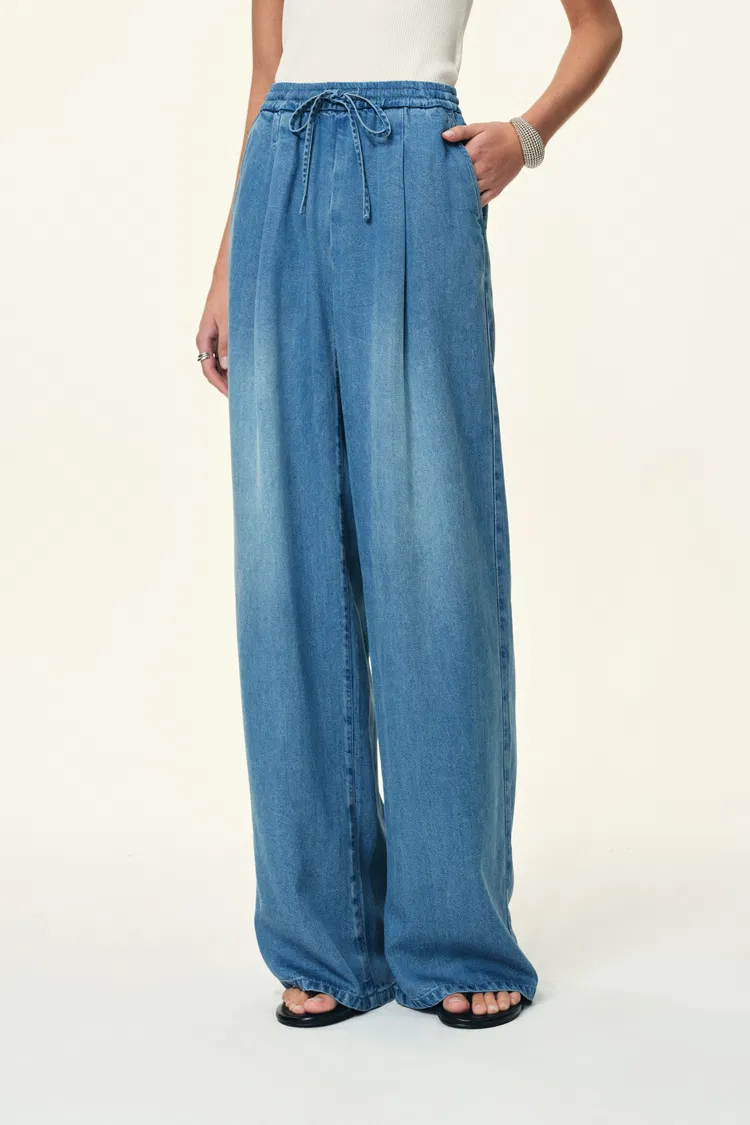 Eva Draped Drawstring Wide Leg Jeans in Lyocell Acetate Denim