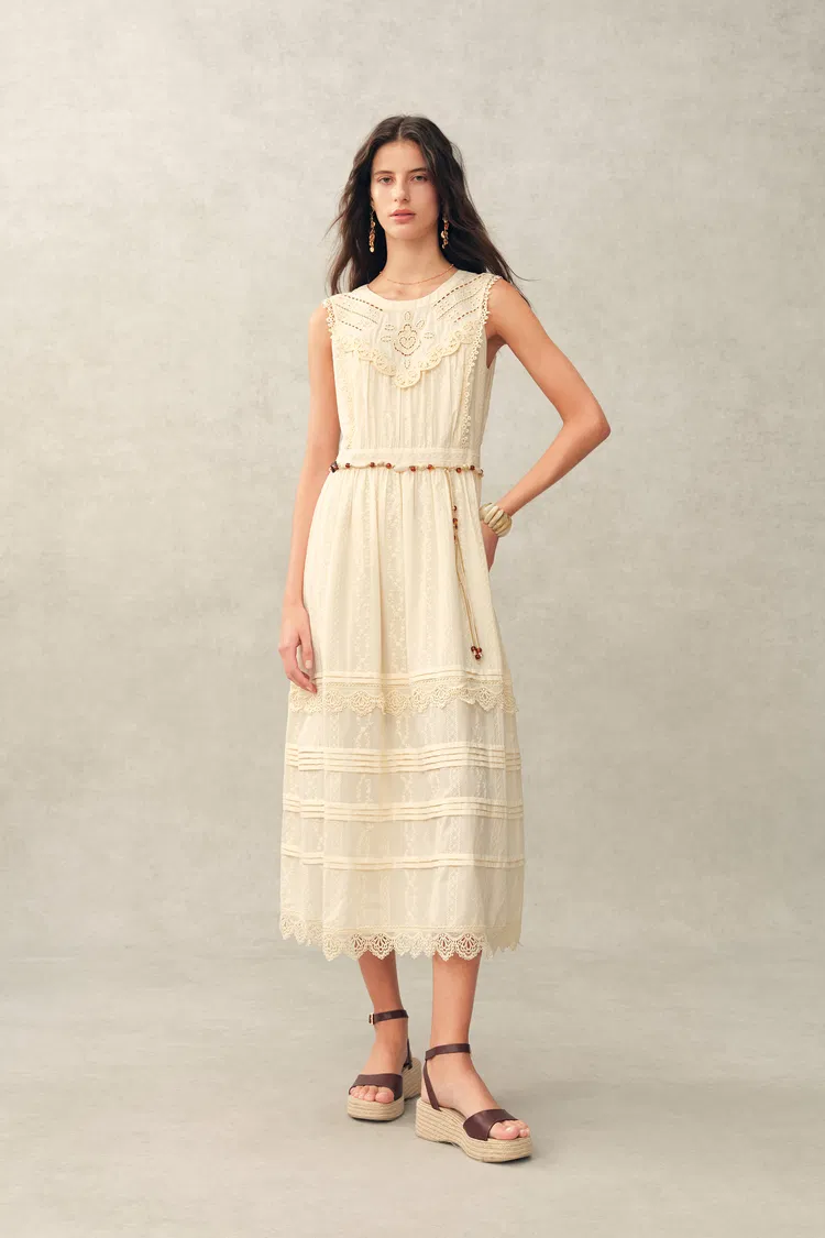 Luna Eyelet Lace Embroidered Sleeveless Dress in Cotton Jacquard