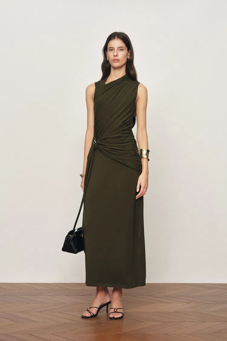 Delilah Olive Asymmetric Draped Sleeveless Dress in wool Blend Knit