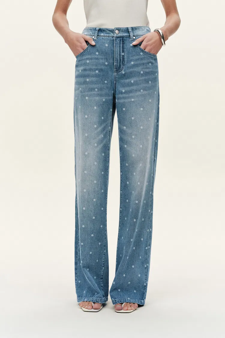 Elyra Polka Dot Straight Wide Leg Jeans in Lightweight Cotton Denim