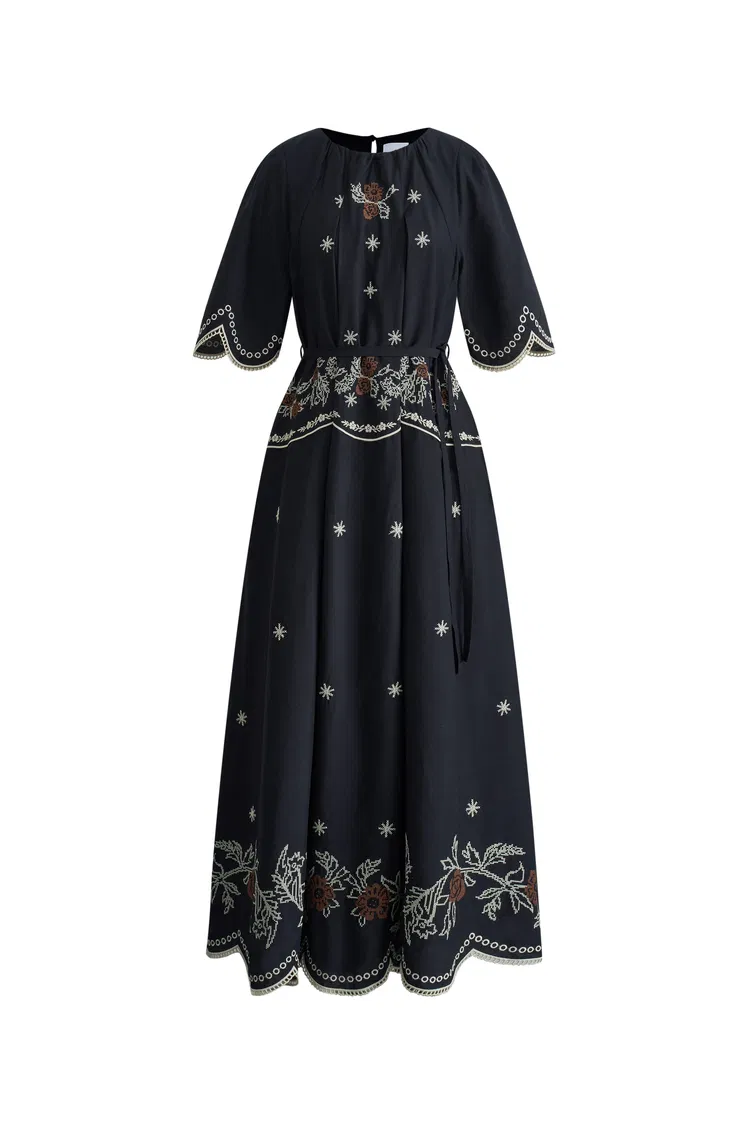 Ivy Eyelet Embroidery Dress in Tencel-Linen Blend