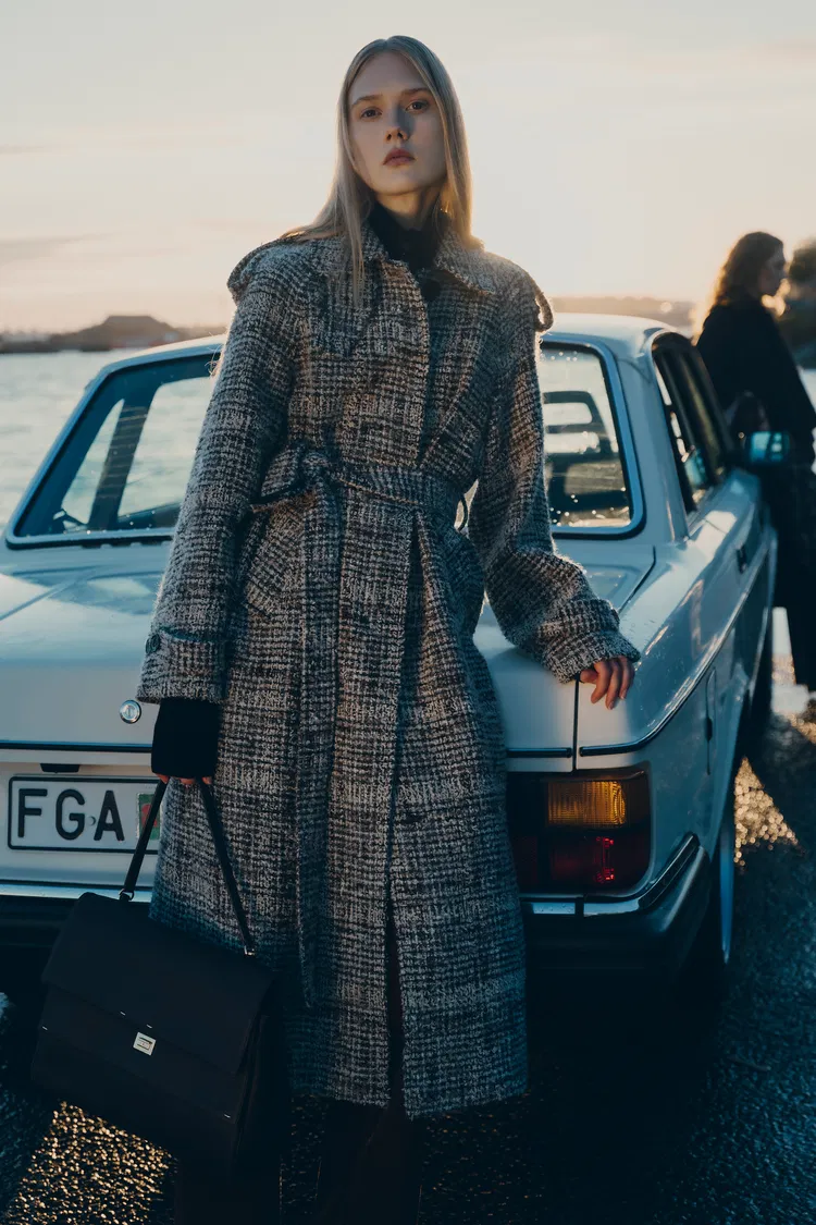Blaise Mélange Plaid Belted Long Coat in Bouclé Tweed