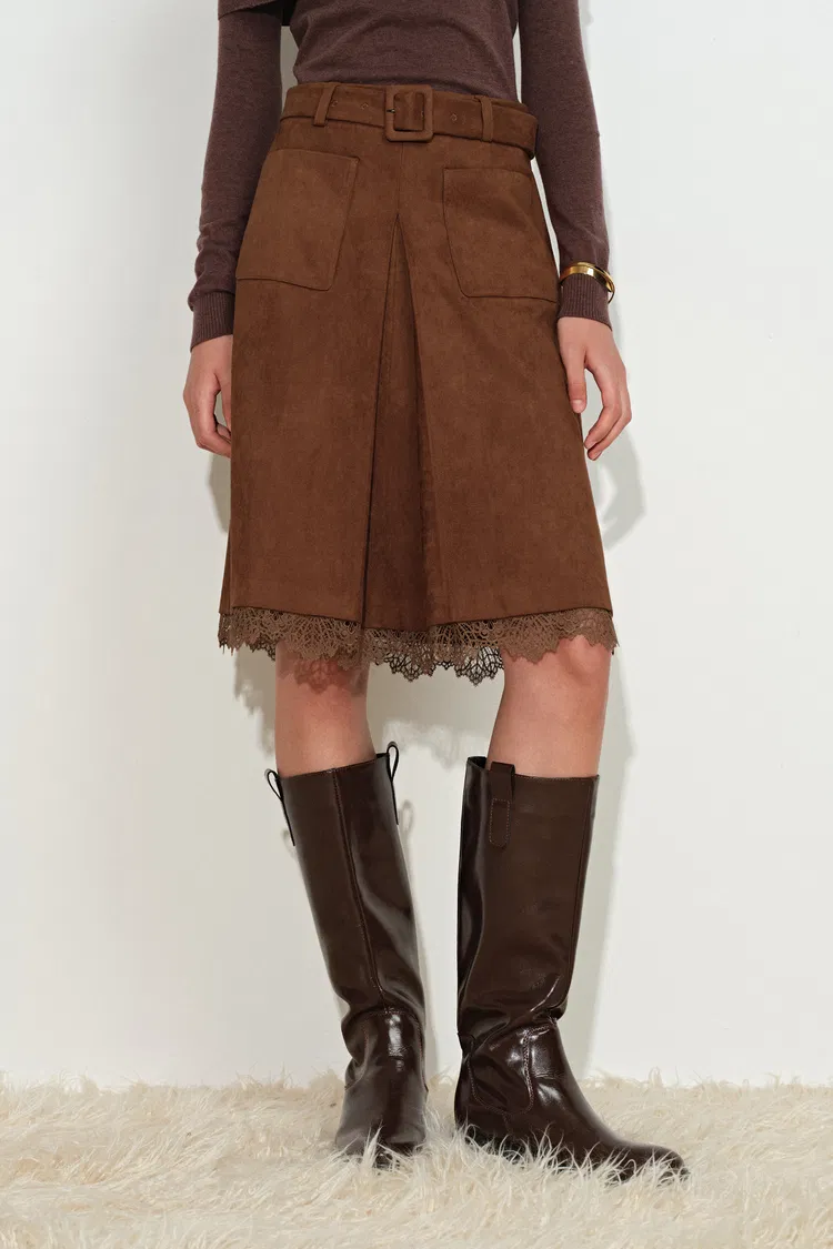Blake Lace Hem Skirt in Faux Suede