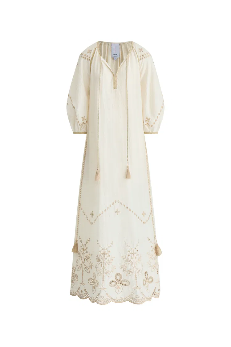 Antonia Artisan Embroidery Dress in Linen Blend