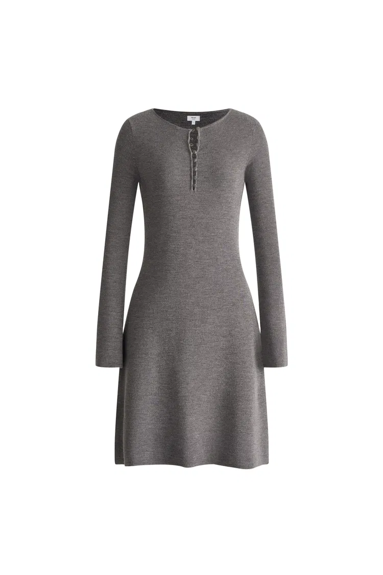 Emily Grey Henley Collar Fitted Short Dress in Merino Wool Knit