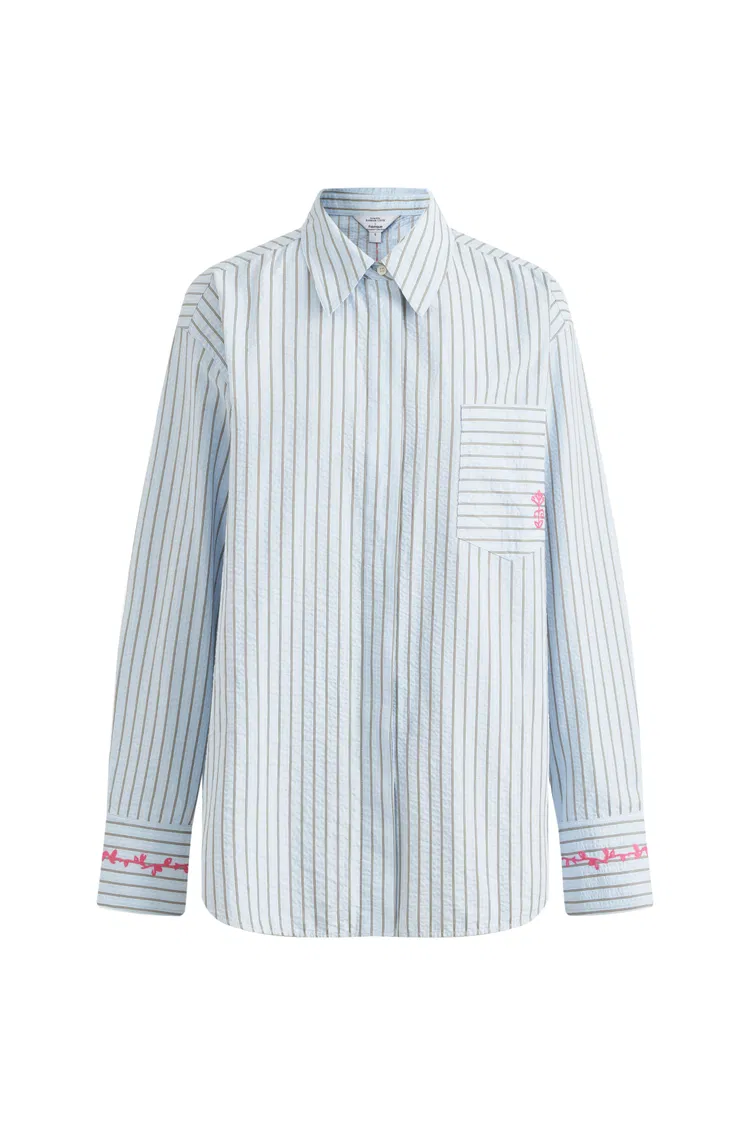 Lismore Contrast Embroidery Striped Shirt in Textured Crinkle Cotton