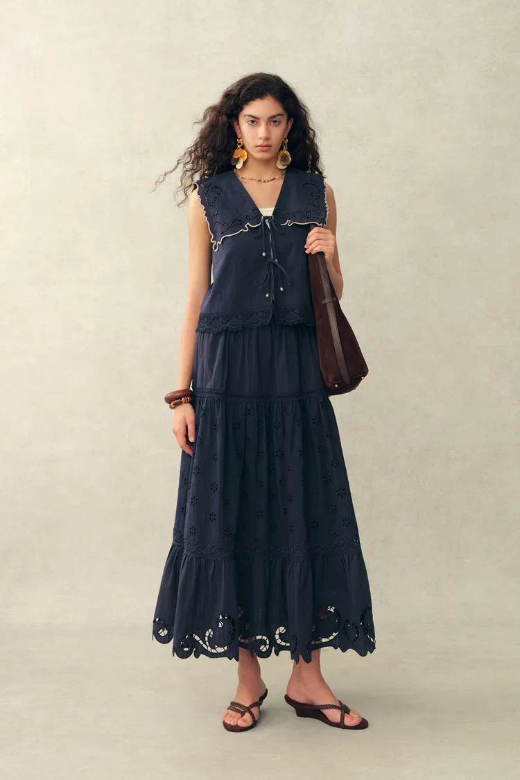 Blue Ivy Sailor Collar Sleeve Sleeveless Top and Skirt Set in Cotton Jacquard with Lace
