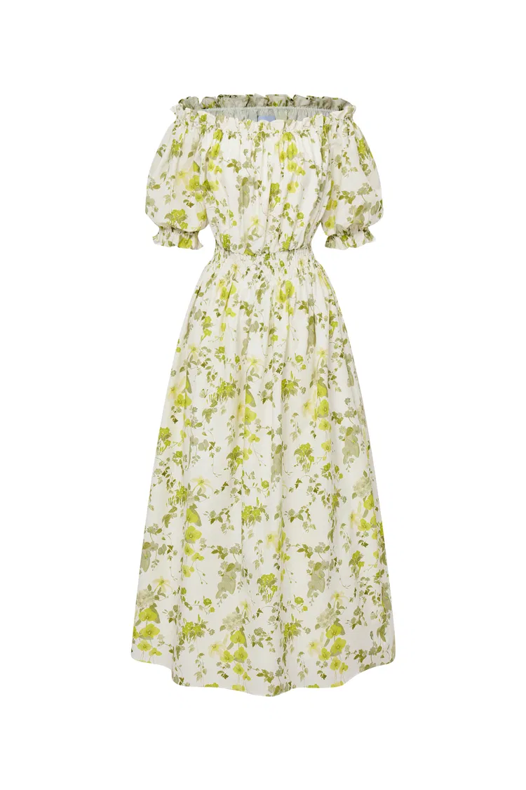 Ellie Off Shoulder Hand Painted Flora Midi Dress in Silk Cotton