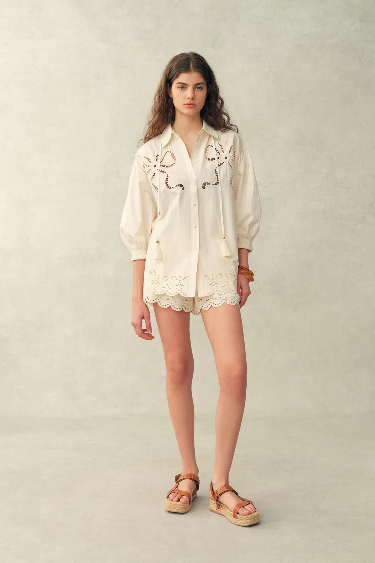 Babette Eyelet Embroidered Puff Sleeve Set in Cotton Poplin