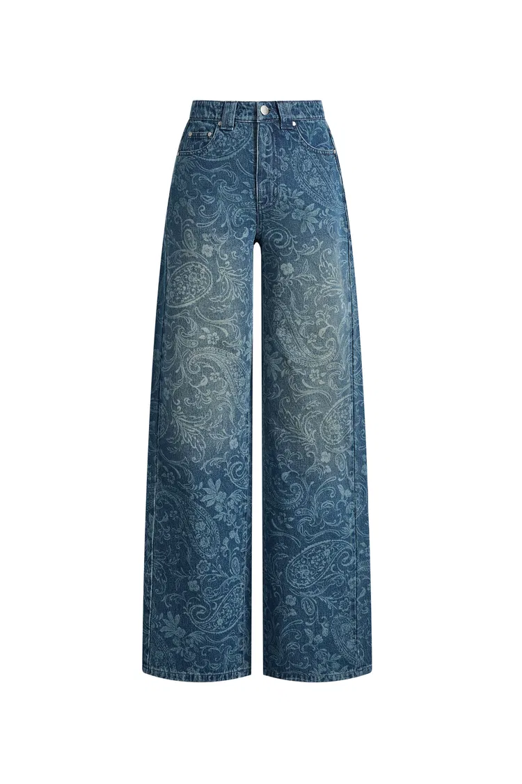 Kelly Paisley Embossed Faded Jeans in Cotton Denim