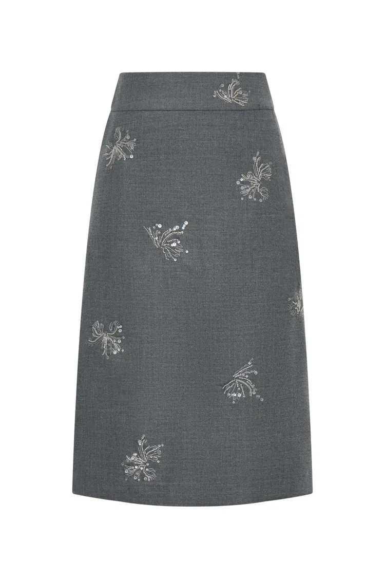 Beading Wrinkle Resistant Embroidered Skirt in Fine Worsted Wool