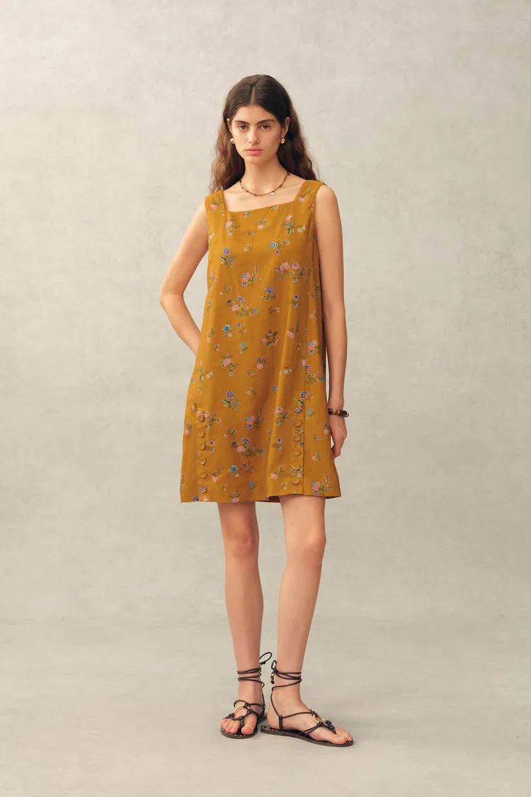 Mary Floral Square Neck Sleeveless Short Strap Dress in Linen Blend