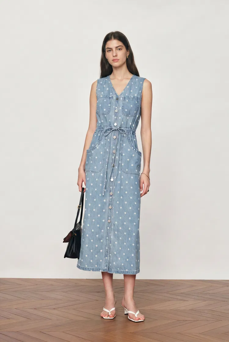 June Faded Polka-Dot Drawstring Waist Sleeveless Dress in Lightweight Cotton Denim