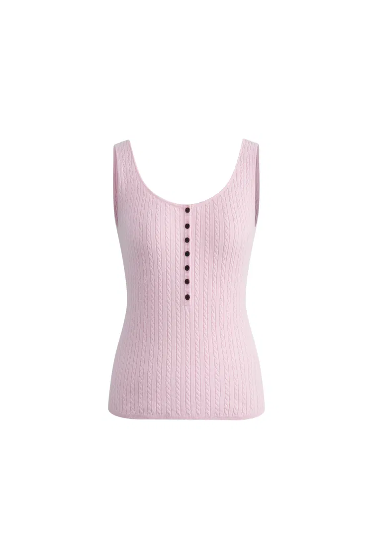 Anna Pink Henley Tank Top in Merino Wool with Stretch