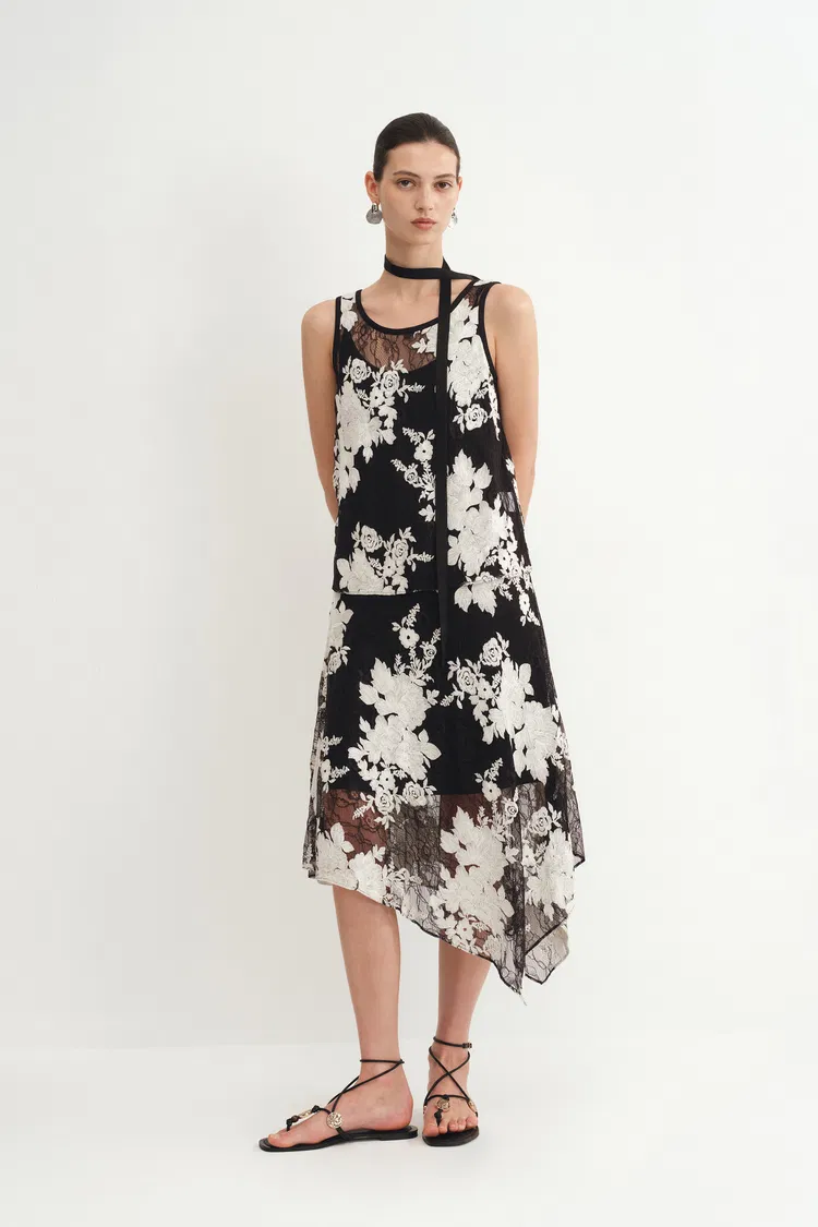Esme Two-Piece Layering Floral Sleeveless Dress in Embroidered Lace