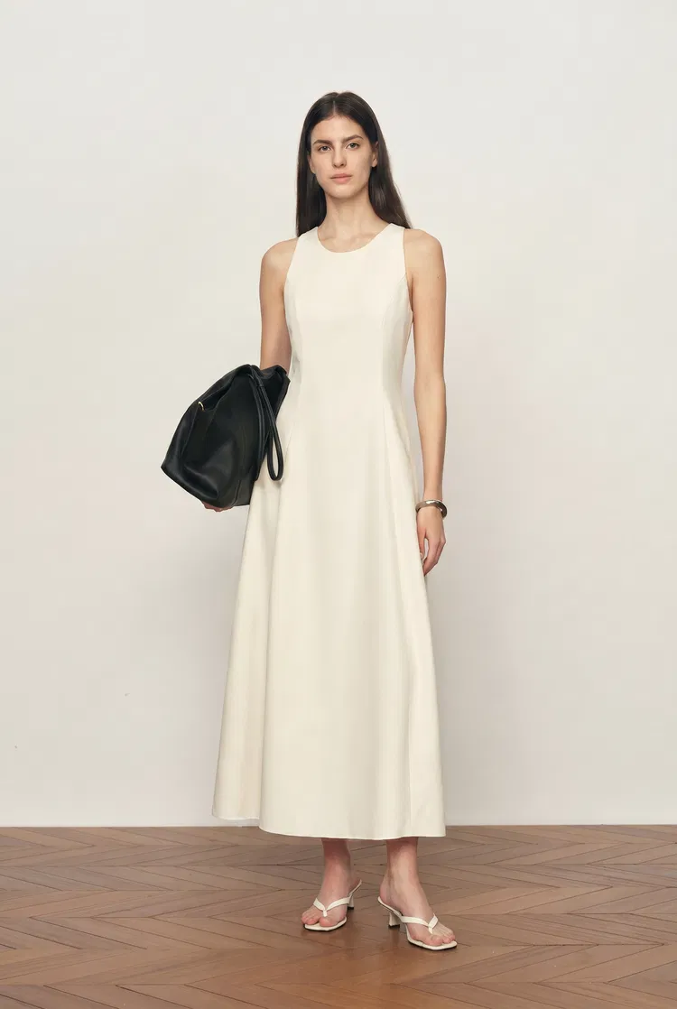 Lina Easy Care Bubble Hem Sleeveless Dress in Structured Lightweight Fabric