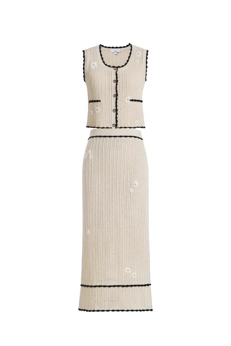 Azores Handcrafted Daisy Crochet Sleeveless Top and Palma Midi Skirt Set in Cotton-Linen Blend