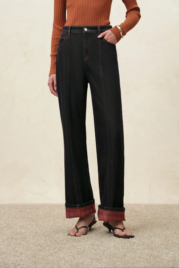 Cadence Plaid Straight Leg Jeans with Fleece Lining in Flocked Denim