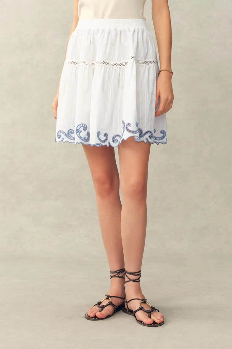 Maggie Embroidery Resort Wear Tiered Skirt with Safety Shorts in Cotton Jacquard