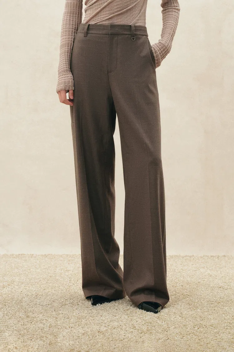 Cassia Metal Ring Slim Straight Leg Pants in Wool Blend