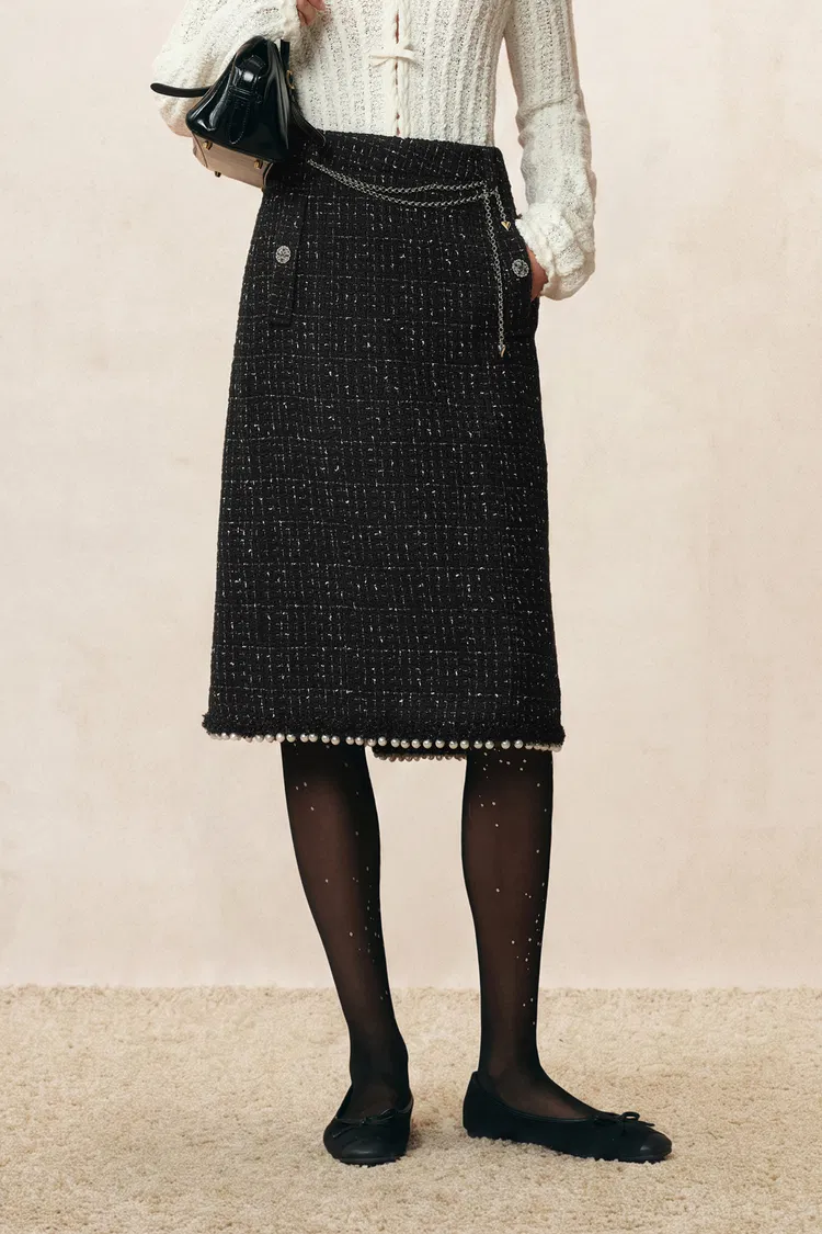 Catherine Pearl Embellished Tweed Straight Skirt
