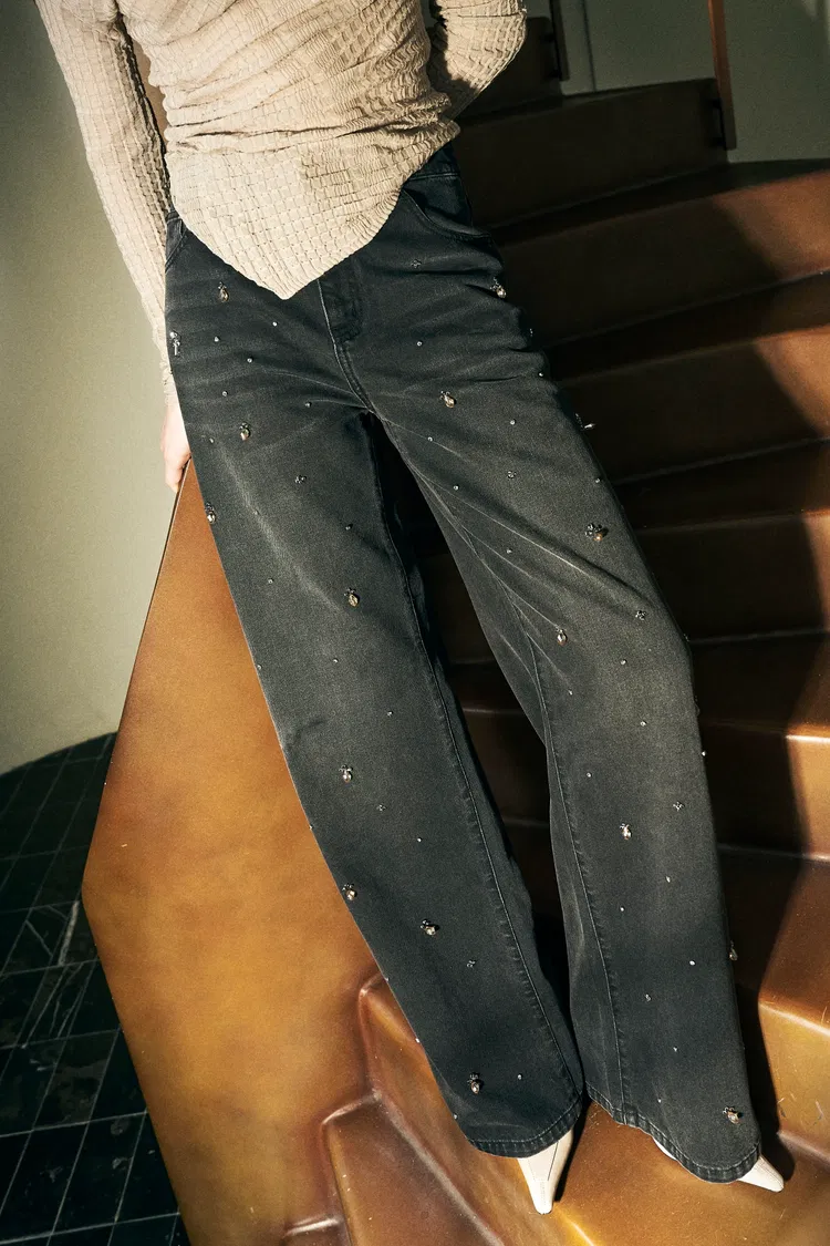 Eleanor Embellished Straight Leg Jeans in Cotton Denim
