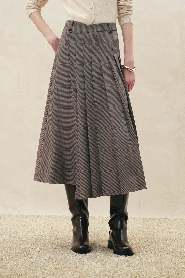 Grace Pleated Wrap Houndstooth Skirt