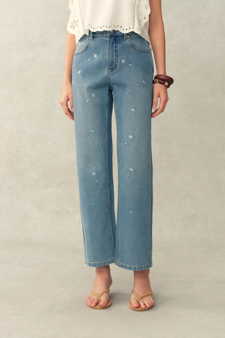 Annette Embroidered Crystal Embellished Dandelion Cropped Straight Leg Jeans in Stretch Cotton Denim