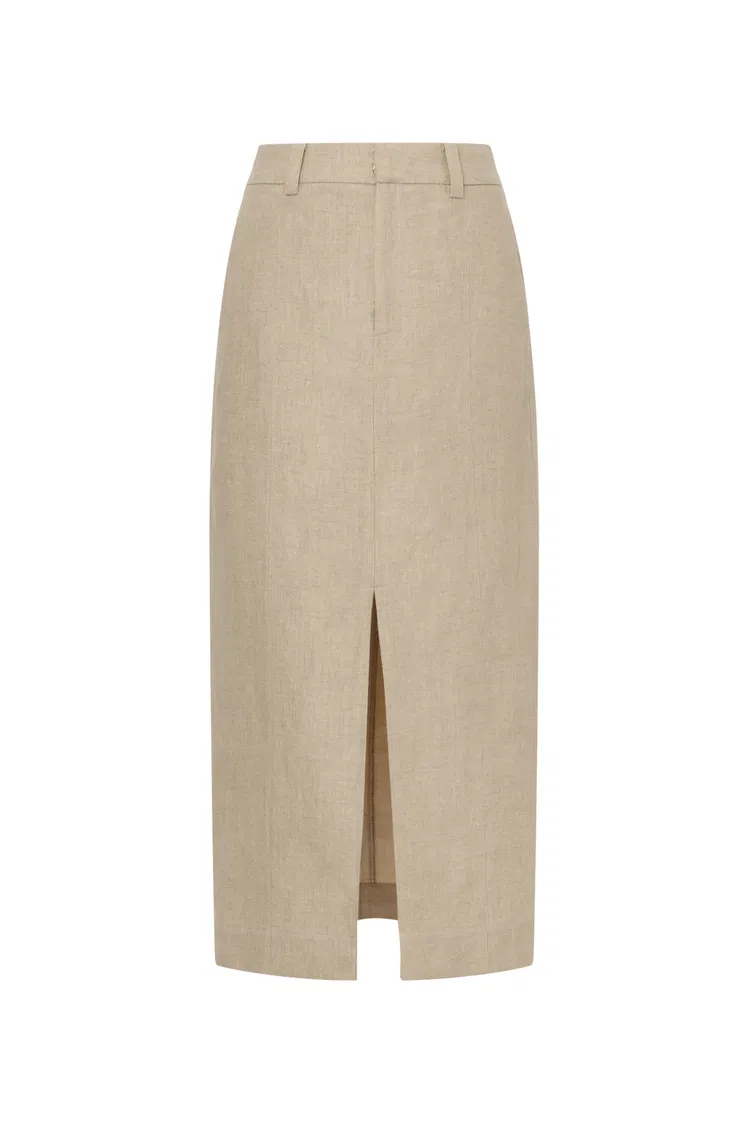Lauren High Rise Midi Skirt in Dew Retted French Linen