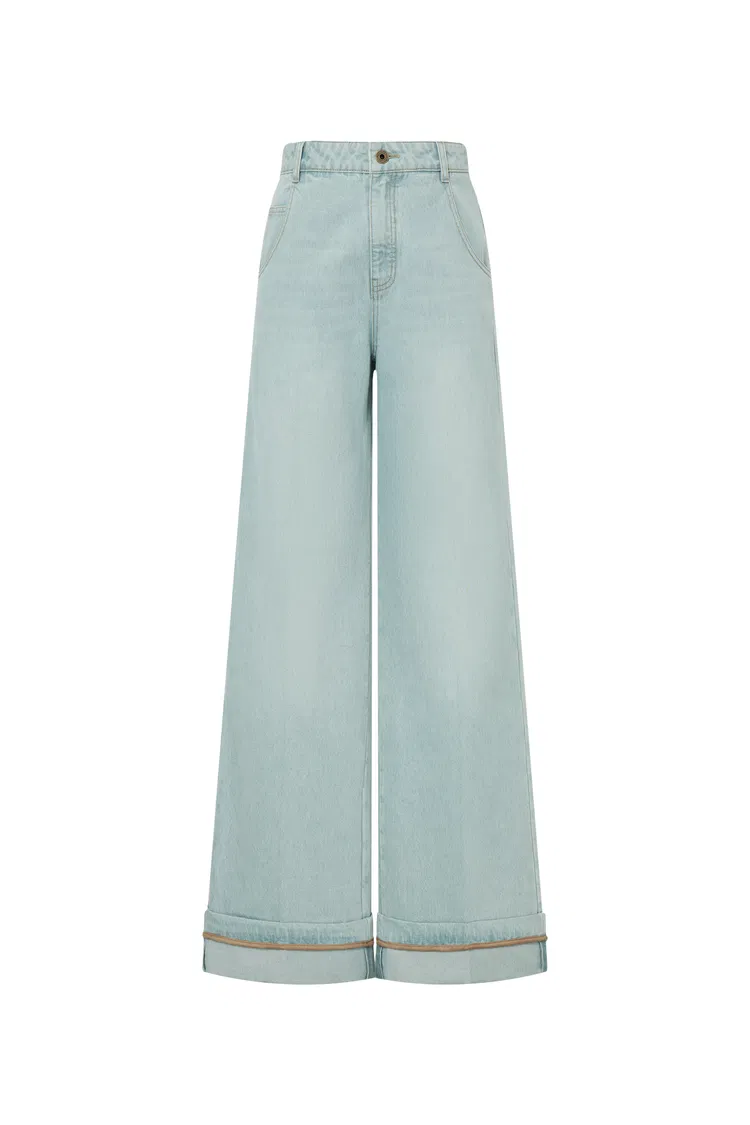 Nîmes Embroidered Wide Leg Jeans in Cotton Denim
