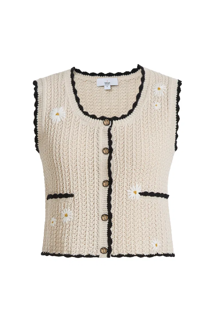 Azores Hand Embroidered Daisy Applique Crochet Top in Cotton Linen Blend