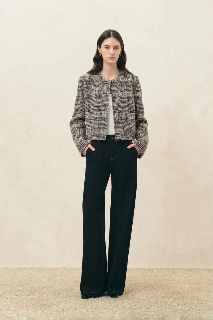 Charlotte Plaid Boxy Jacket in Wool Blend Bouclé Tweed