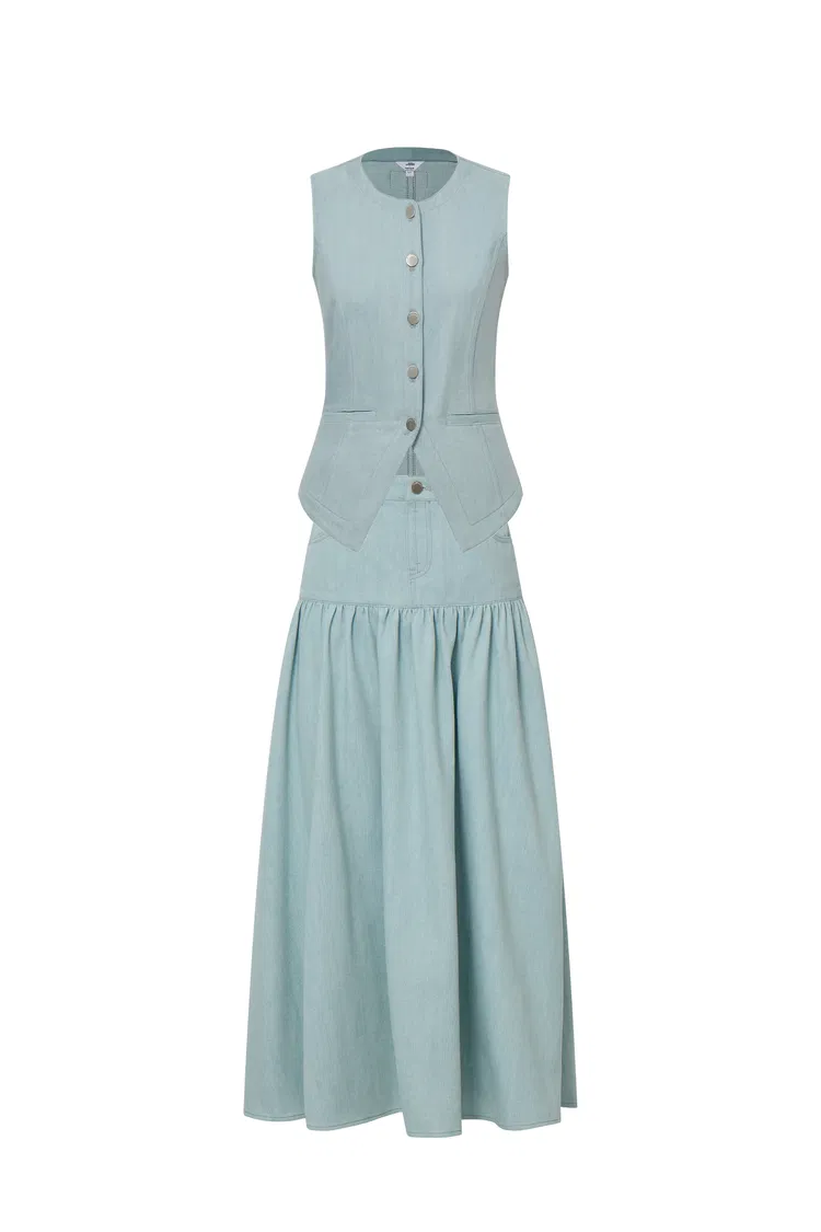 Elodie Denim Vest and Skirt Matching Set in Summer Denim