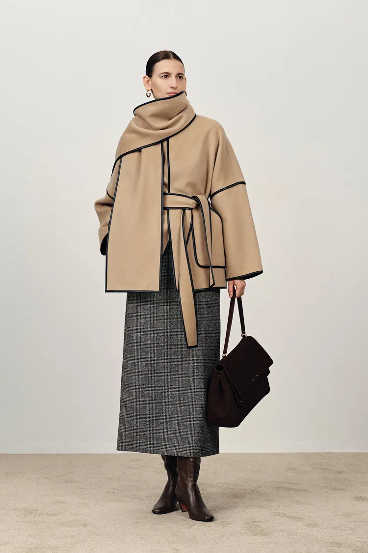 Lycoris Leather Trim Double Face Wool Coat in Merino Cashmere