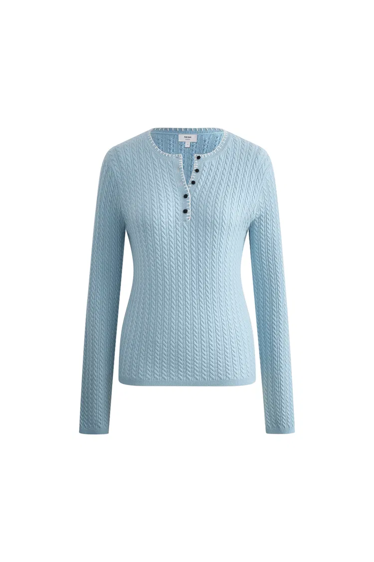 Mika Blue Henley Neck Long Sleeve Top in Merino Wool Cable Knit