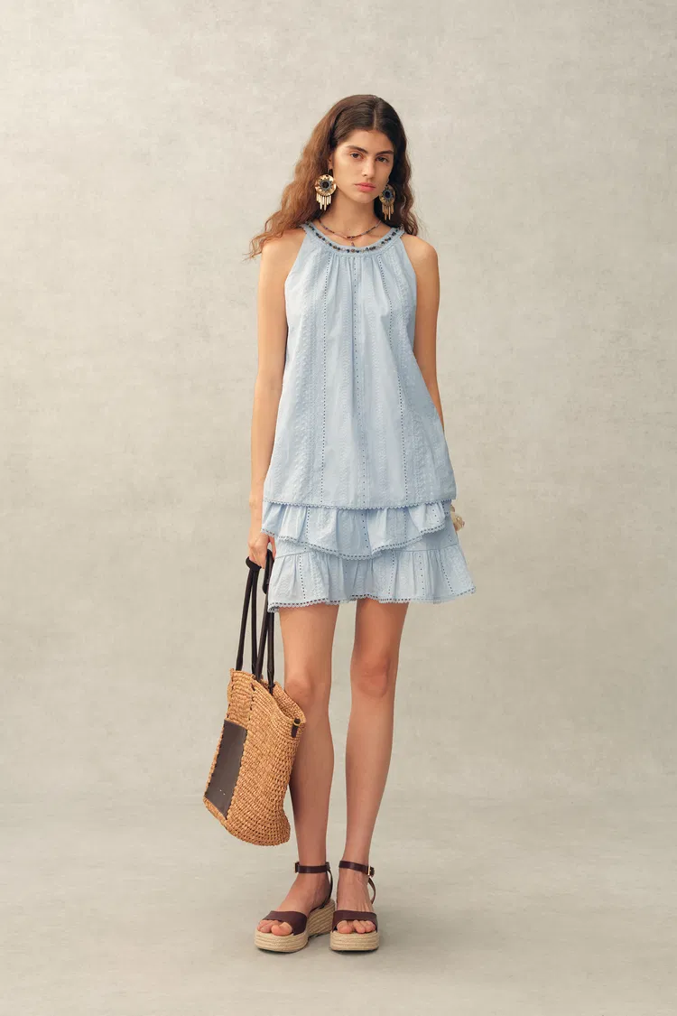 Hazel Boho Embroidery Jacquard Halterneck Sleeveless Top in Cotton