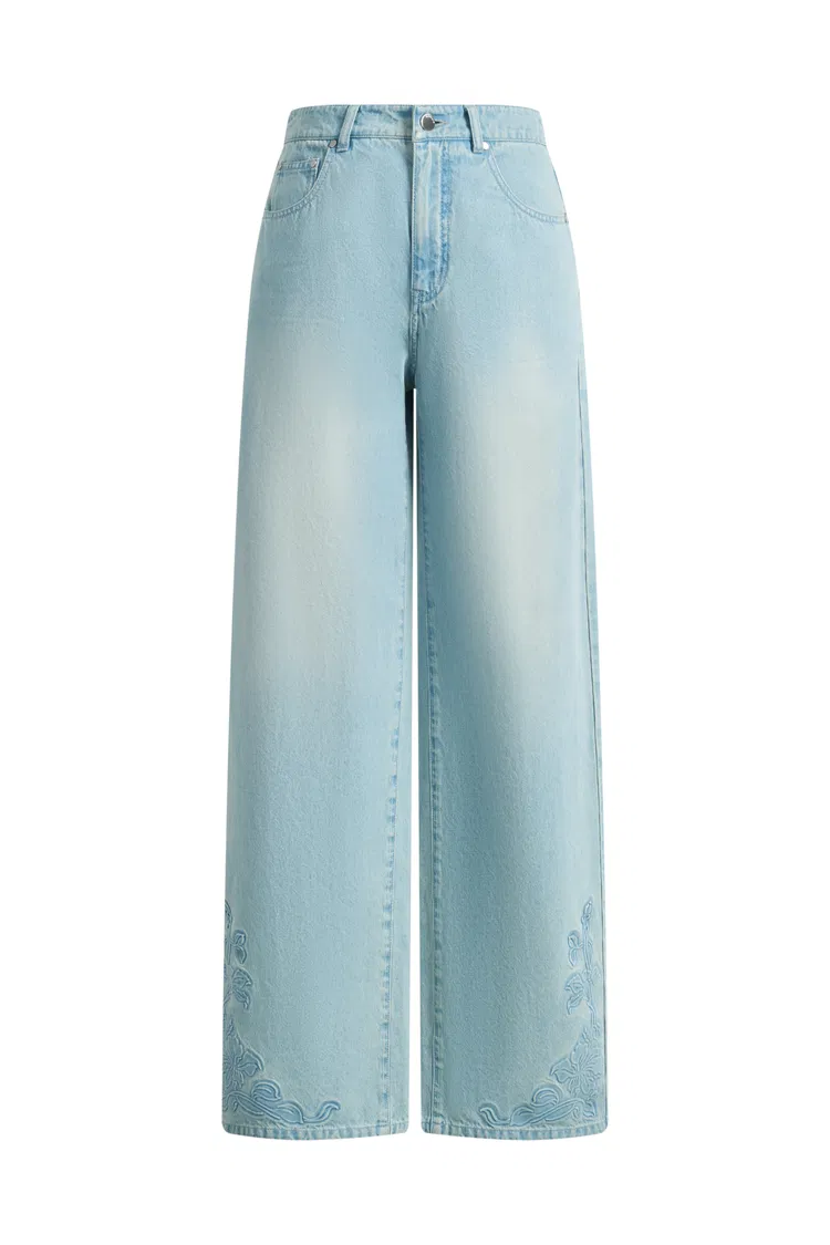 Berthe Embossed Flowers Straight Leg Jeans in Cotton Denim