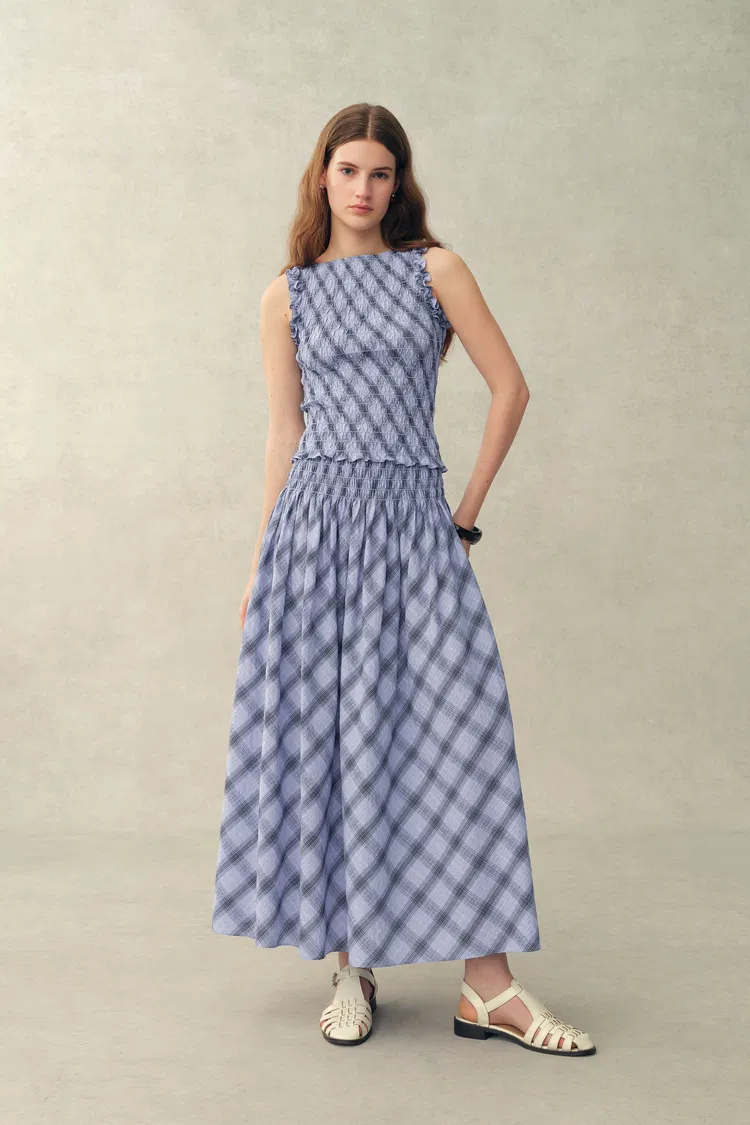 Crystal Handworked Sleeveless Plaid Top and Skirt Set in Stretch Bubble Cotton