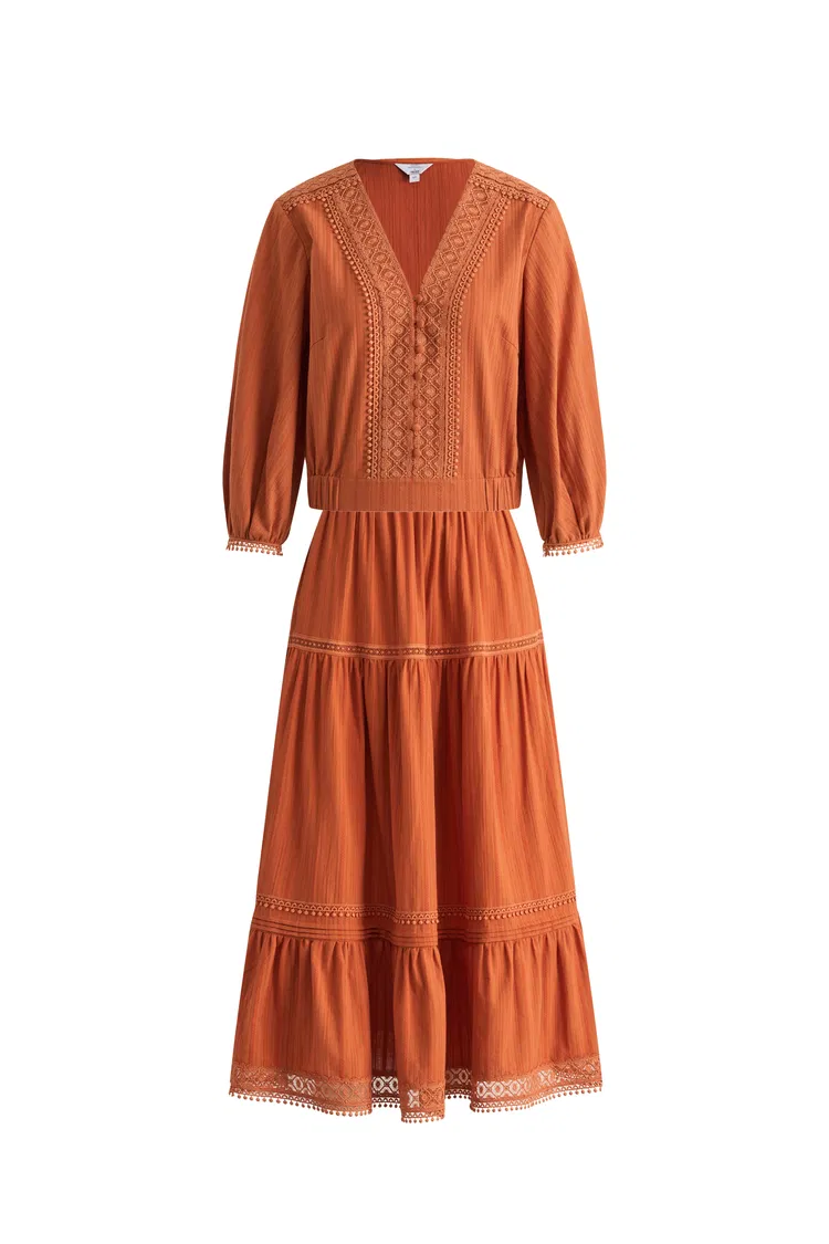 Elli Embroidery Puff Sleeve Blouse Top and Maxi Skirt Matching Set in Cotton