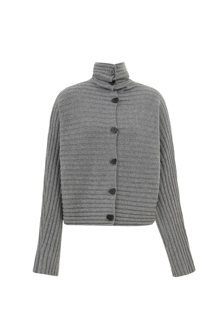 Charlotte Grey Turtleneck Cardigan in Merino Wool-Cashmere Rib Knit